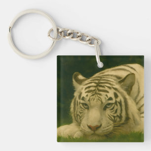 White Tiger Resting in Woodland Shade Key Ring