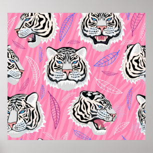 White Tiger Roar: Jungle Rainforest Pattern Poster