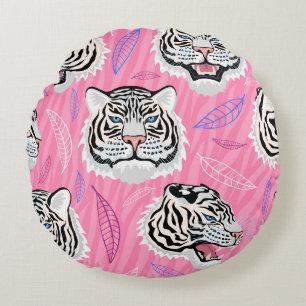 White Tiger Roar: Jungle Rainforest Pattern Round Cushion