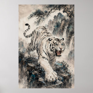 White Tiger Roaring on Mountain Cliff | Chinese In Poster