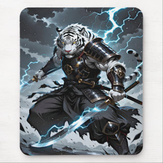 White Tiger Samurai Warrior Blue Lightning Gaming Mouse Pad