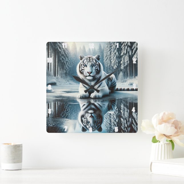 White Tiger Snow Reflection Square Wall Clock (Home)