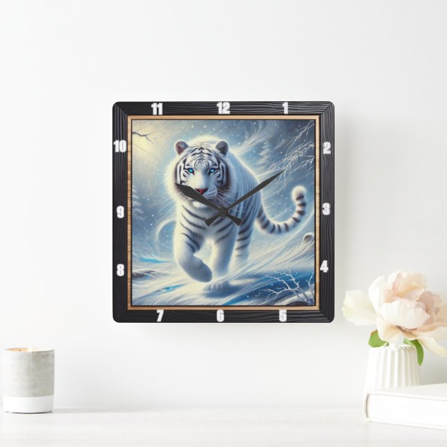 White Tiger Snow Scene Timepiece Square Wall Clock (Home)