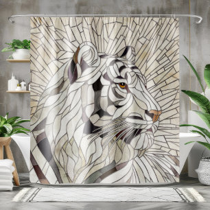 White tiger - Stained Glass Mosaic Digital Art Shower Curtain