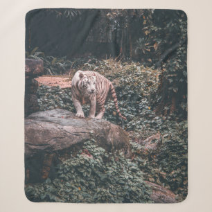 WHITE TIGER STANDING ON GREY STONE SHERPA BLANKET