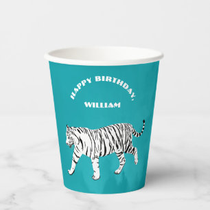 White Tiger Teal, Turquoise Blue Personalised Paper Cups