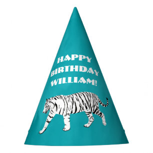 White Tiger Teal, Turquoise Blue Personalised Party Hat