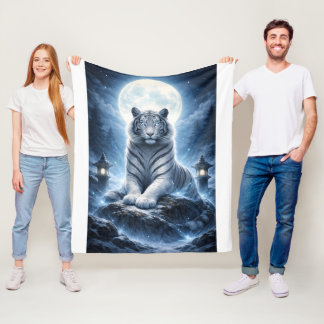 White Tiger Under Full Moon | Mystical Spirit Tige Fleece Blanket
