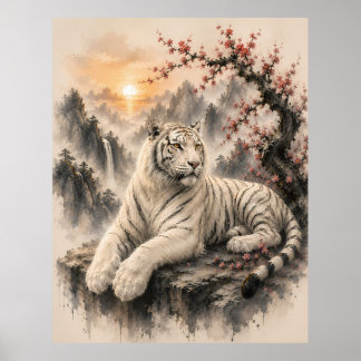White Tiger under Plum Blossoms | Oriental Waterco Poster