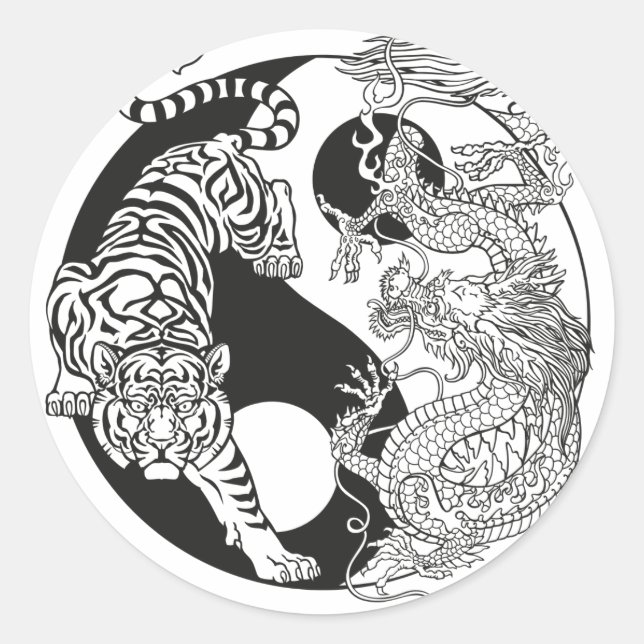 White tiger versus green dragon in the yin classic round sticker (Front)