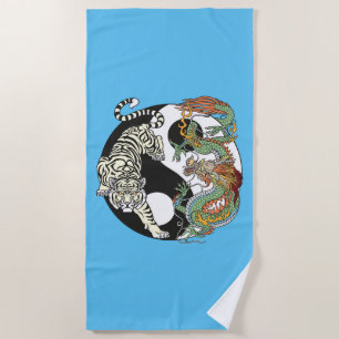 White tiger versus green dragon in the yin yang beach towel