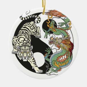 White tiger versus green dragon in the yin yang  ceramic ornament