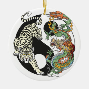 White tiger versus green dragon in the yin yang ceramic ornament