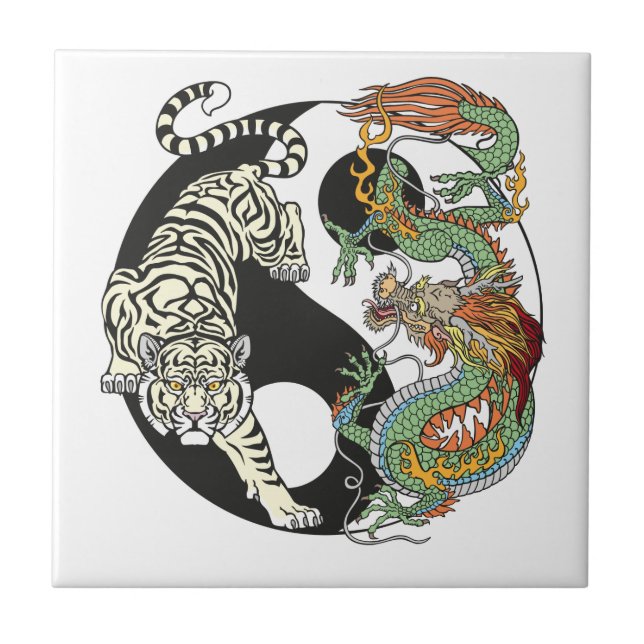White tiger versus green dragon in the yin yang ceramic tile (Front)