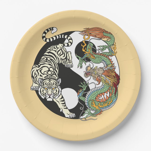 White tiger versus green dragon in the yin yang pa paper plate (Front)