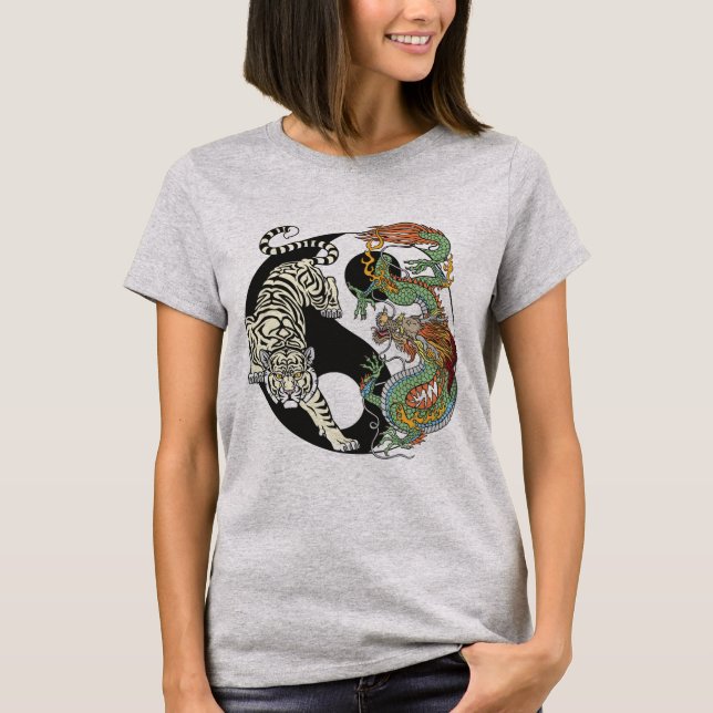 White tiger versus green dragon in the yin yang T- T-Shirt (Front)