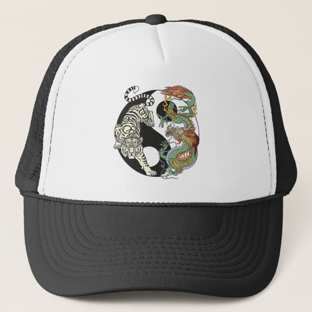 White tiger versus green dragon in the yin yang trucker hat (Front)