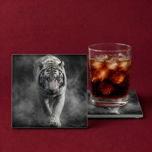 White Tiger Walking Through Smoke Glass Coaster