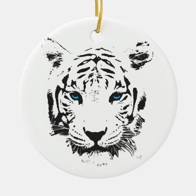 White Tiger with Blue Eyes Ceramic Tree Decoration (Front)