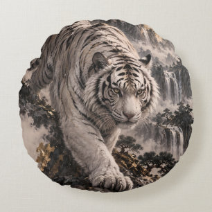 White Tiger with Full Moon and Snowy Mountains Round Cushion