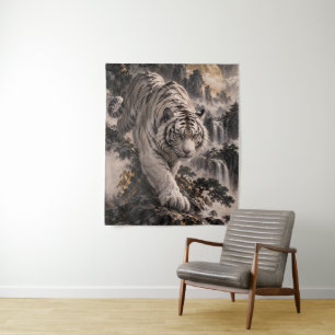 White Tiger with Full Moon and Snowy Mountains Tapestry