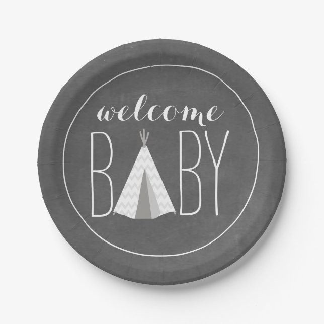 White Tipi Baby Shower - Chalk Inspired Paper Plate (Front)