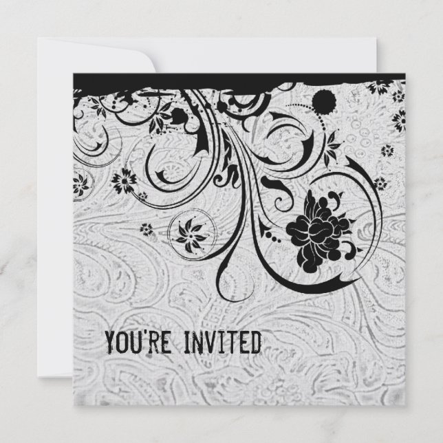 White Tooled Leather and Black Lace Invitation (Front)