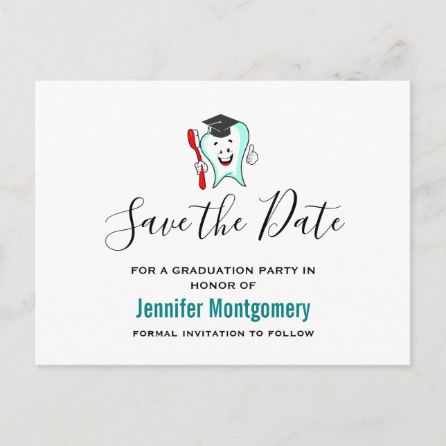 White Tooth wearing Graduation Cap Save the Date Invitation Postcard (Front)