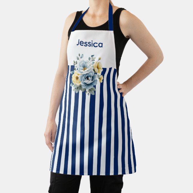 White Top with Blue Stripes Floral  Apron (Insitu)