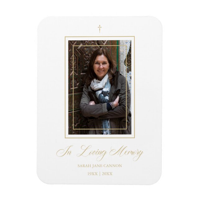White Traditional & Elegant Golden Photo Funeral Magnet (Vertical)