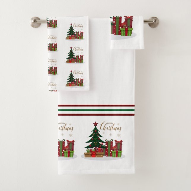 White Traditional Merry Christmas Tree Bath Towel Set (Insitu)