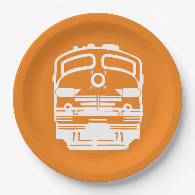White Train Engine Profile on Orange Background Paper Plate (Front)