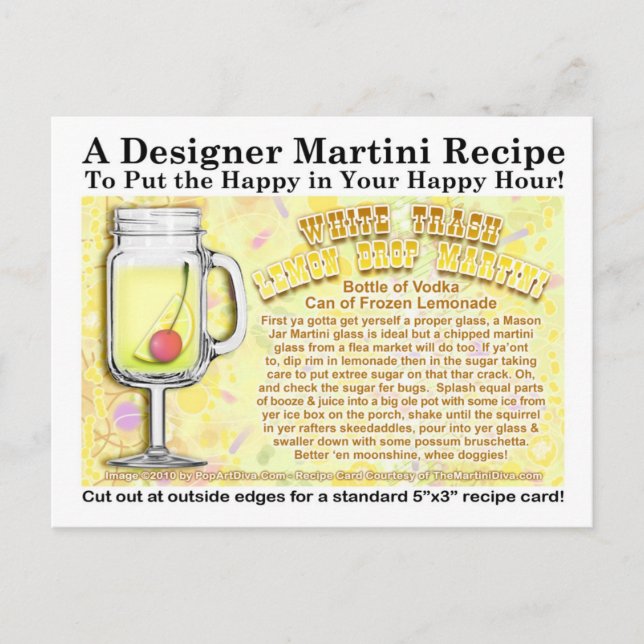 White Trash Lemon Drop Joke Martini Recipe Postcar Postcard (Front)