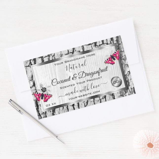 White Tree Bark Pink Butterfly Product Labels Logo (Envelope)