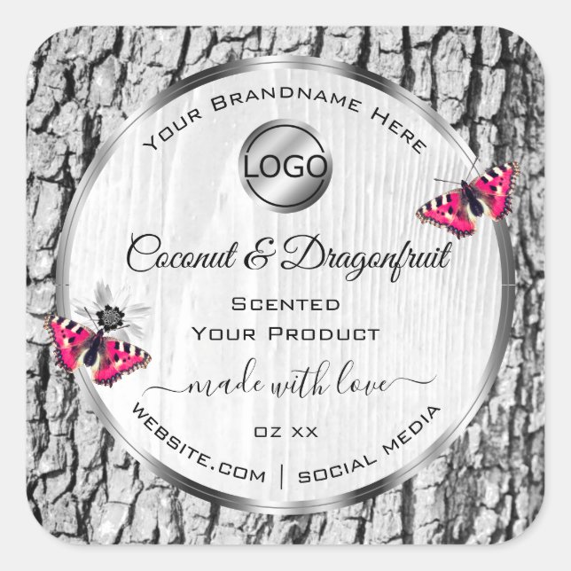 White Tree Bark Pink Butterfly Product Labels Logo (Front)