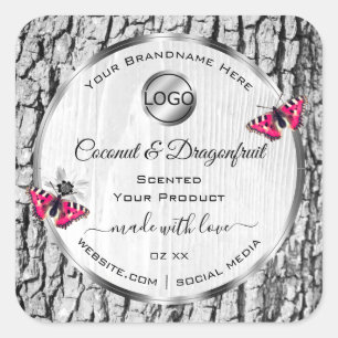 White Tree Bark Pink Butterfly Product Labels Logo