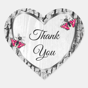 White Tree Bark with Pink Butterfly Cute Thank You Heart Sticker