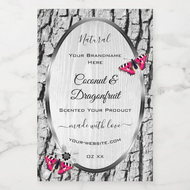 White Tree Bark with Pink Butterfly Product Labels (Single Label)