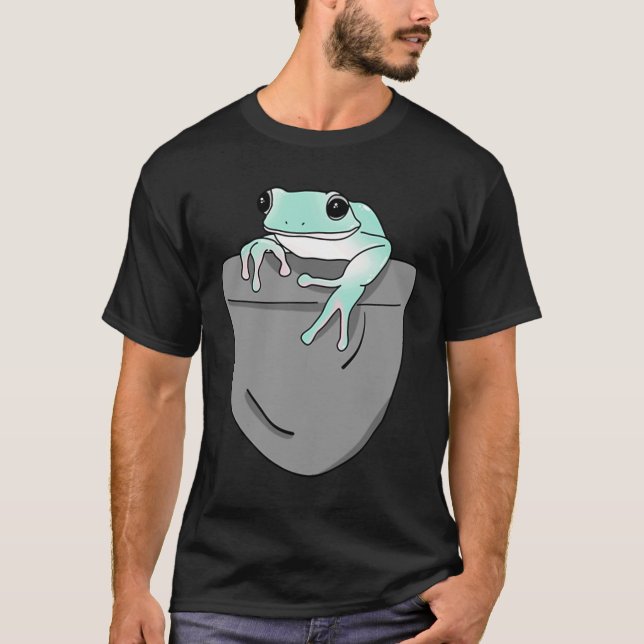 White tree frog in fake Pocket Frog owner Amphibia T-Shirt (Front)