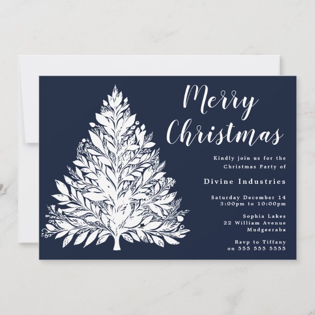 White Tree Navy Blue Christmas Party  Invitation (Front)