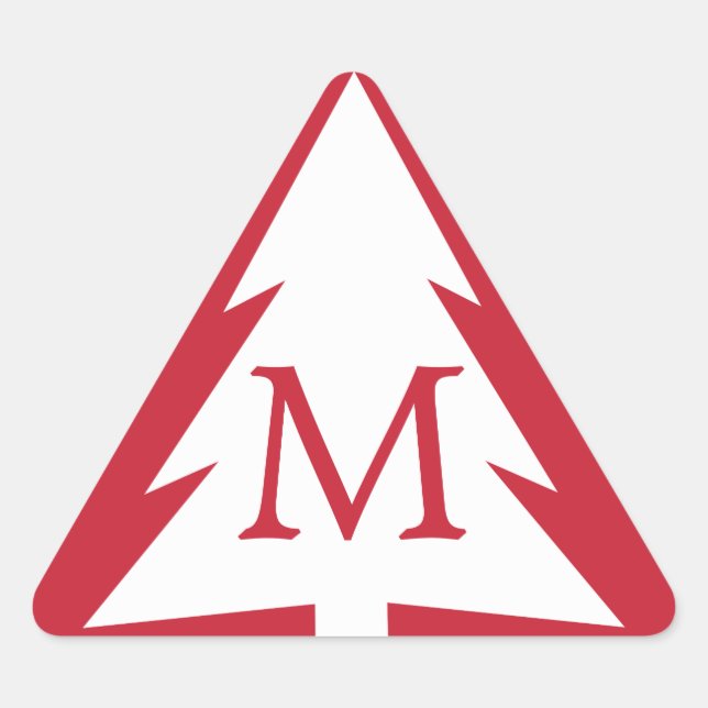 White Tree on Red with Custom Monogram Christmas Triangle Sticker (Front)
