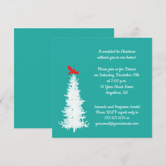 White Tree Red Bird on Teal Christmas Party Invitation (Front/Back)