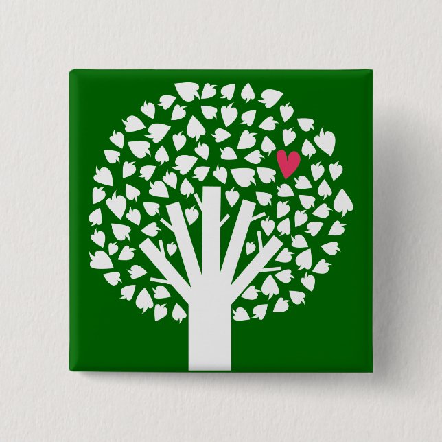 White Tree Silhouette with Heart Leaf 15 Cm Square Badge (Front)