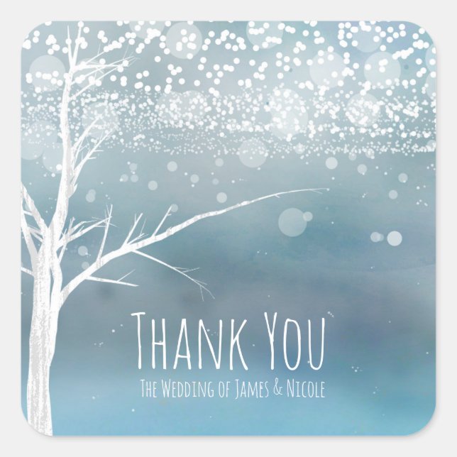 White Tree Winter Blue Elegant Wedding Favour Square Sticker (Front)