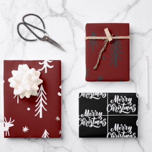 White Trees Illustrations Red Christmas Pattern Wrapping Paper Sheet