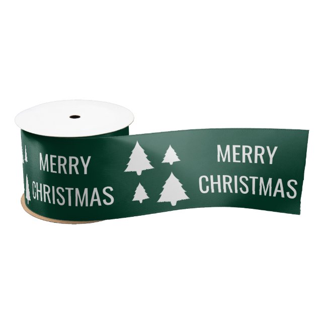 White Trees With Merry Christmas Text On Green Satin Ribbon (Spool)