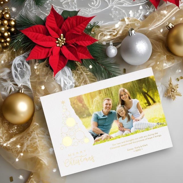 White Trendy Luxury Christmas Tree Photo Foil Holiday Card (White Trendy Luxury Christmas Tree Photo Family Metallic Foil Holiday Card.)