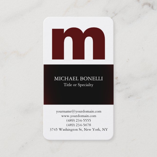 White trendy modern dark red monogram business card (Front)