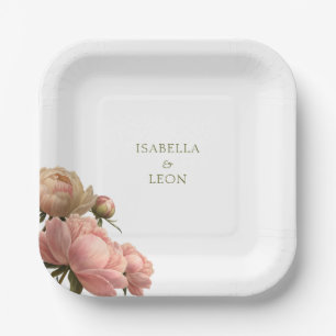 White   Trendy Vintage Rose Wedding  Paper Plate