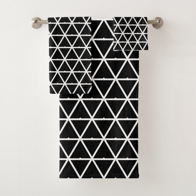 White Triangle Geometric Pattern on Black Bath Towel Set (Insitu)